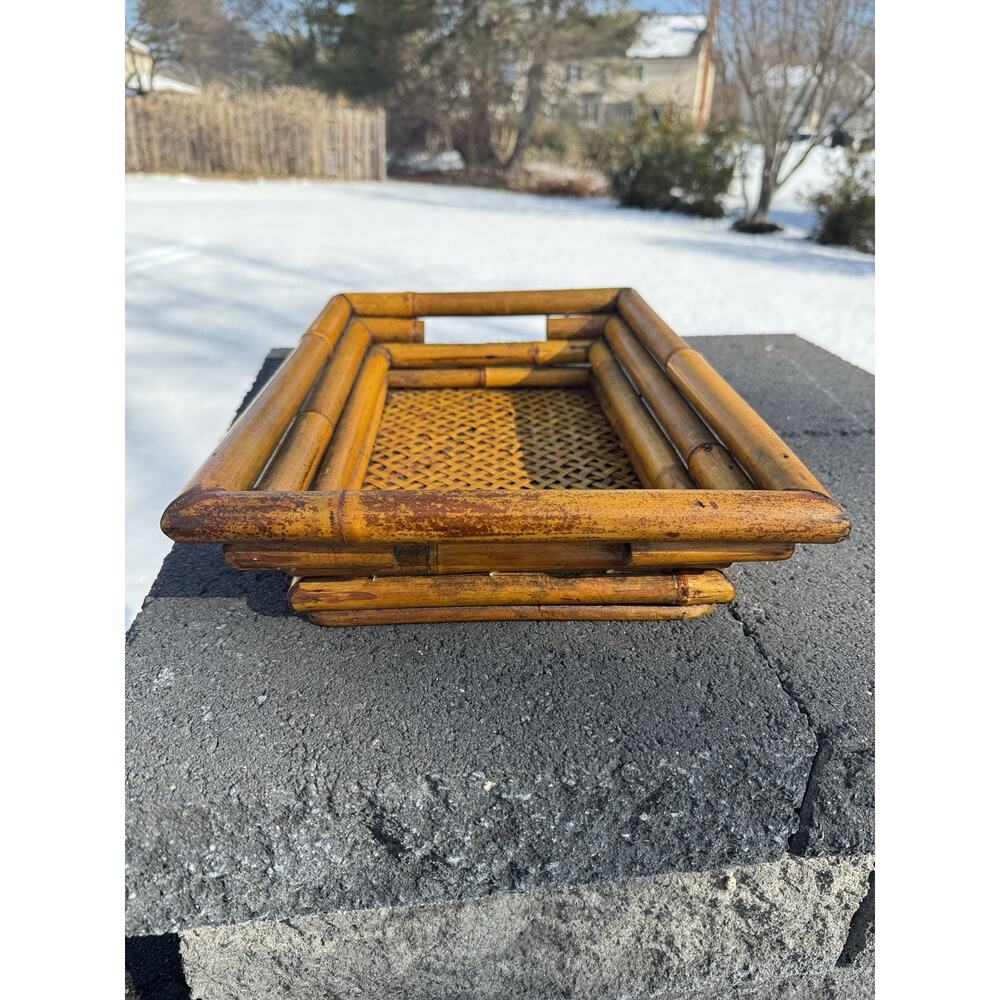 Vintage Bamboo & Woven Rattan Serving Tray - Large 16" Boho Tiki Mid Century